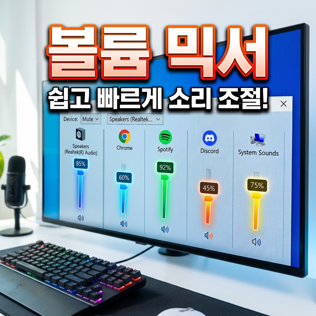윈도우 볼륨 믹서에서 특정 앱의 음량 슬라이더를 올리는 화면