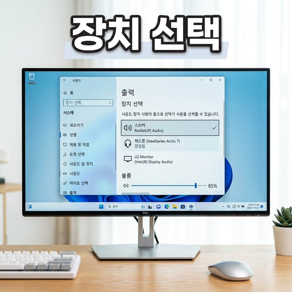 데스크톱 본체 뒷면 초록색 오디오 단자에 3.5mm 이어폰을 연결하는 모습