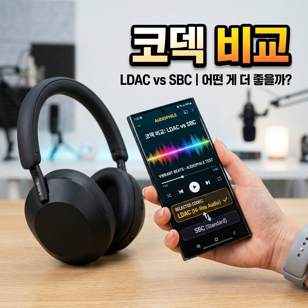 오디오 앱을 실행한 스마트폰과 연결된 무선 헤드폰