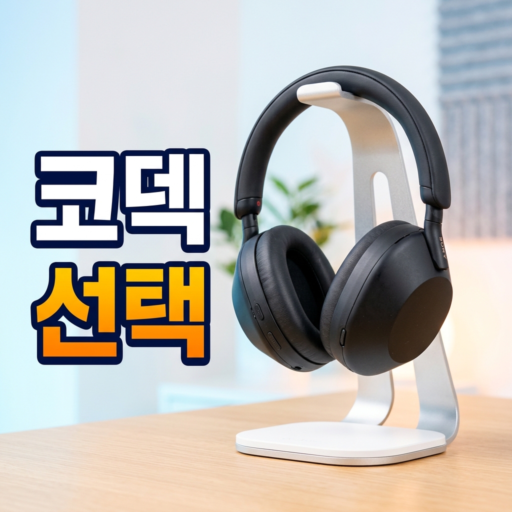 밝은 스탠드 위에 놓인 오버이어 무선 헤드폰