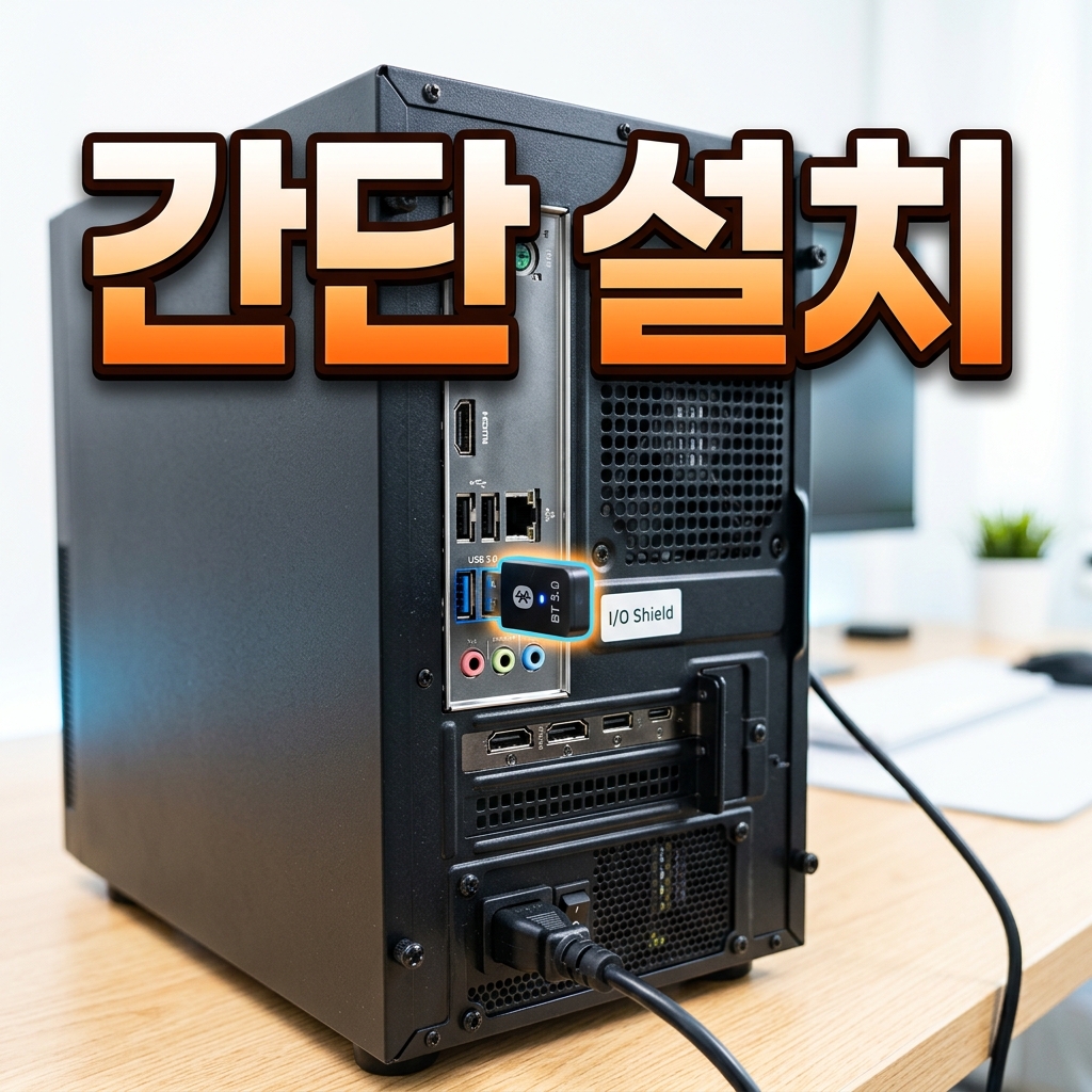데스크탑 본체 후면 USB 포트에 블루투스 동글을 연결하는 장면