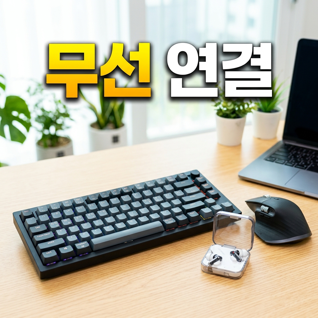 책상 위 무선 이어폰과 키보드가 데스크탑에 연결된 모습
