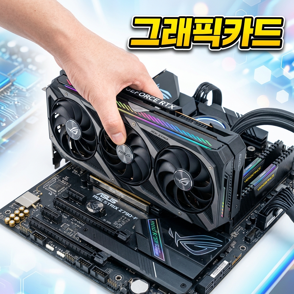 메인보드 PCIe 슬롯에 그래픽카드를 확실히 장착하는 모습