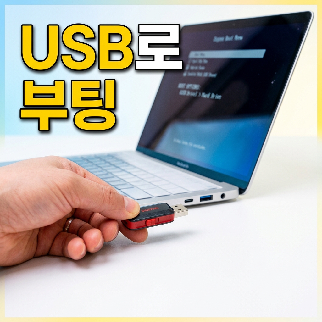 컴퓨터 전원을 켠 직후 검은 부팅 화면에 표시된 부팅 장치 선택 메뉴와 USB 항목