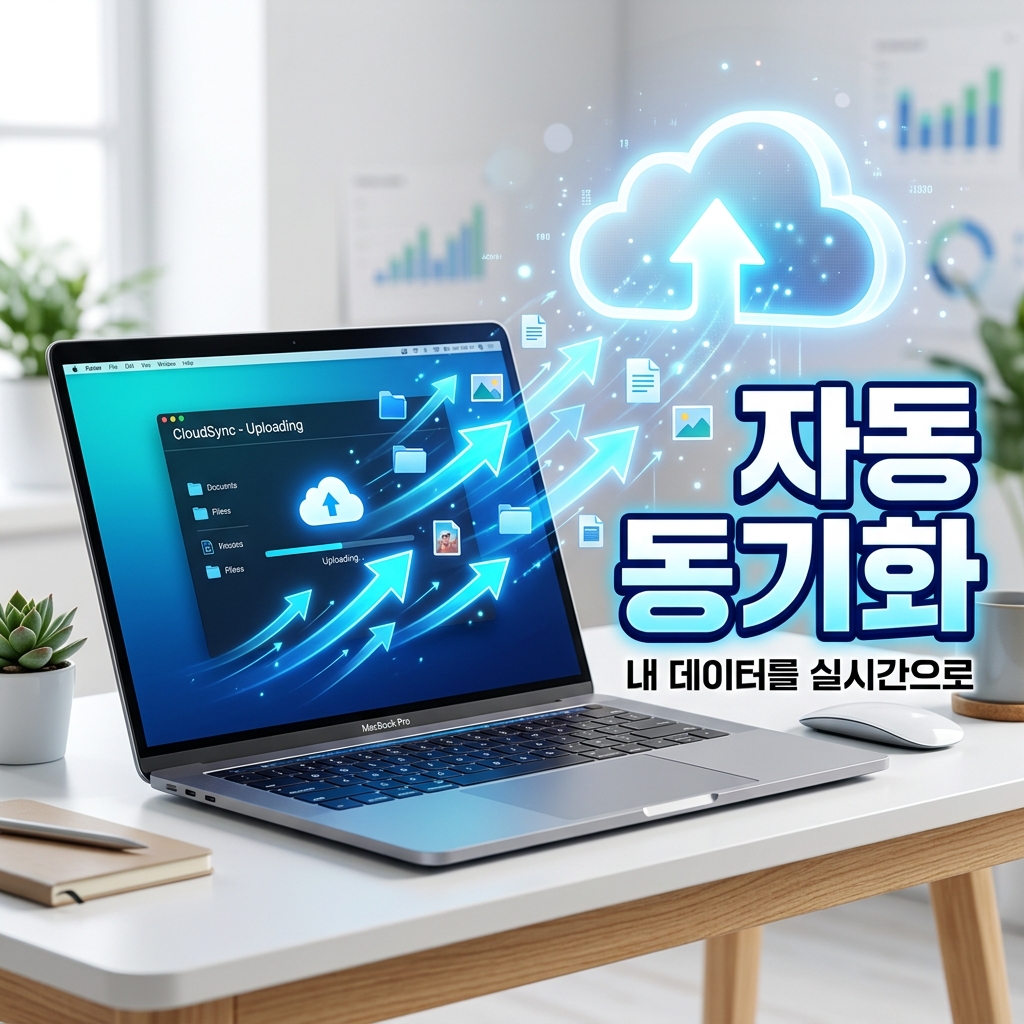 노트북과 스마트폰이 클라우드 서버로 문서와 사진을 동기화하는 모습