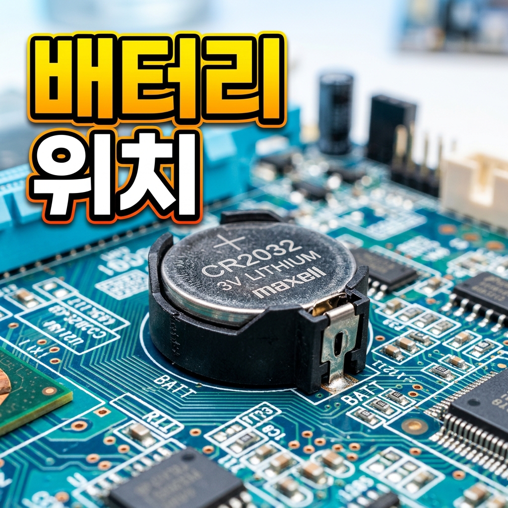 메인보드에 장착된 CR2032 코인 배터리를 손으로 교체하는 모습