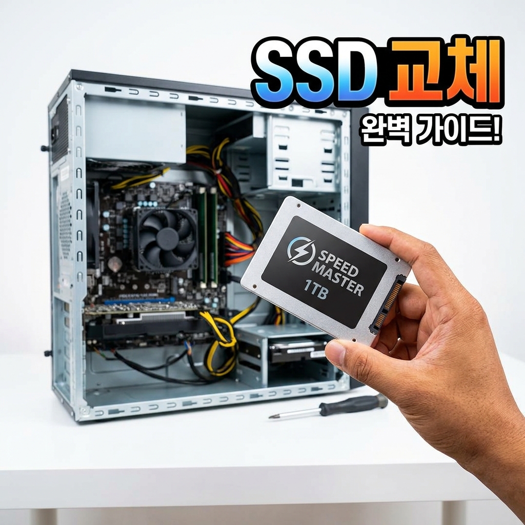 데스크탑 케이스 내부의 팬과 방열판에 쌓인 먼지를 청소하는 모습