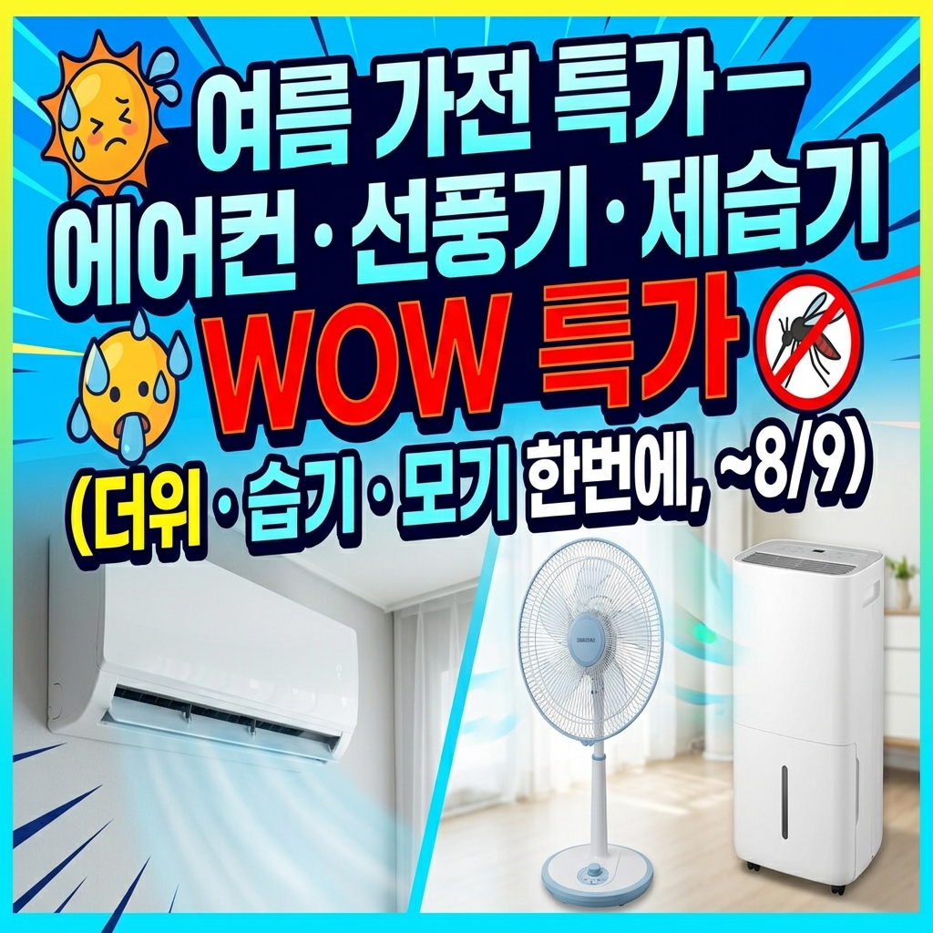 여름가전 특가전 — 에어컨·선풍기·제습기 WOW 특가 (더위·습기·모기 한 번에, ~8/9)