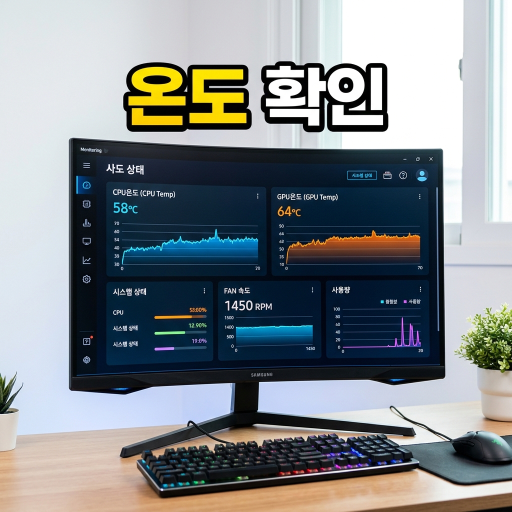 게임 실행 중 모니터링 프로그램에 CPU와 GPU의 부하 시 온도가 표시된 화면