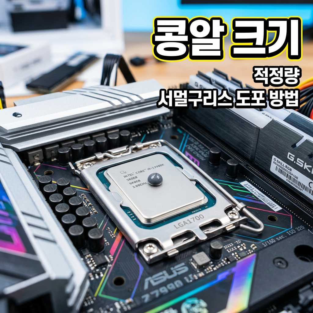 깨끗이 닦인 CPU 정중앙에 쌀알 크기로 짜놓은 회색 써멀구리스 한 방울