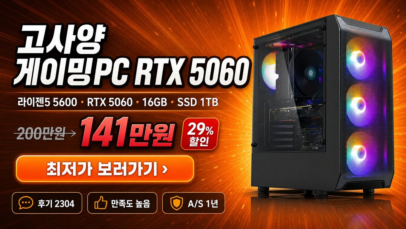 컴집 게이밍컴퓨터 GTA6 배틀그라운드 RTX 5060 R5-5600 최저가 보러가기 배너