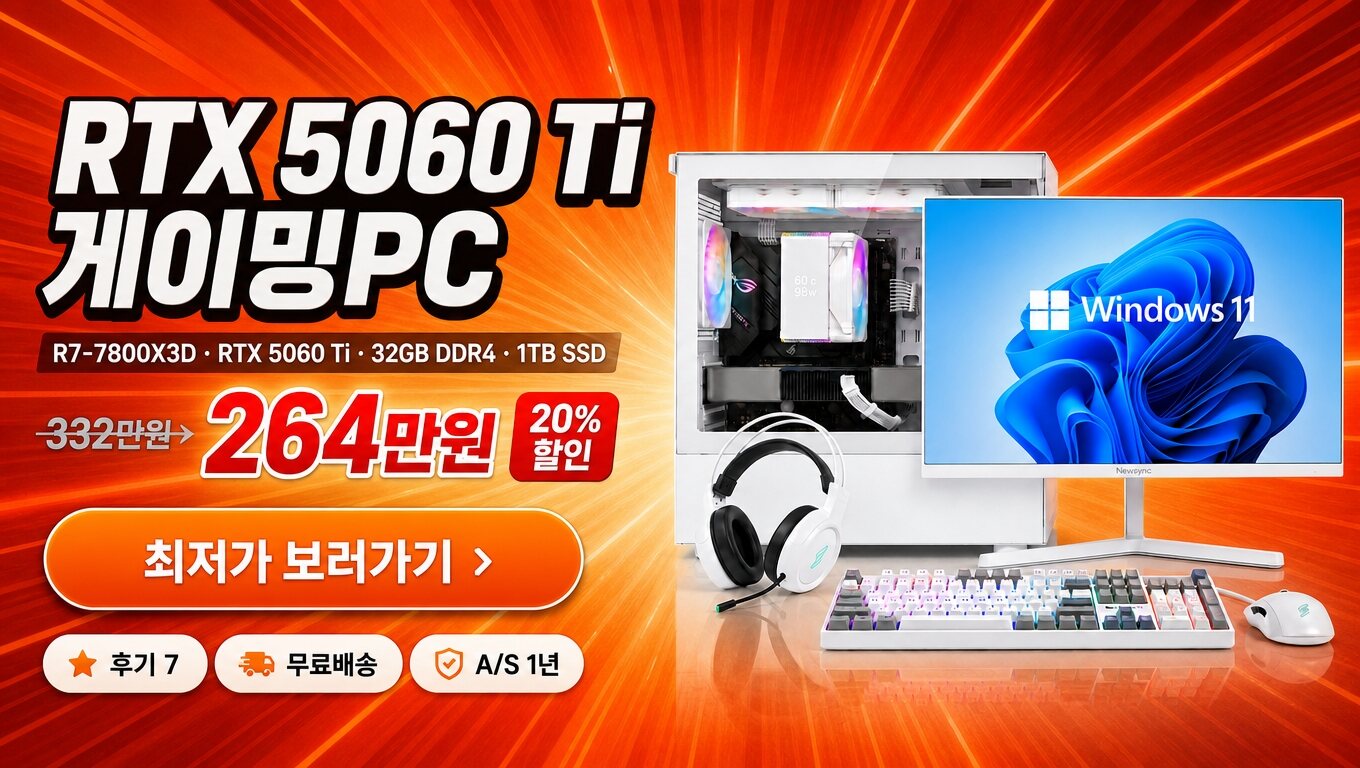 피씨오브플레이어 게이밍 조립PC 화이트 RTX 5060 Ti R7-780 최저가 보러가기 배너