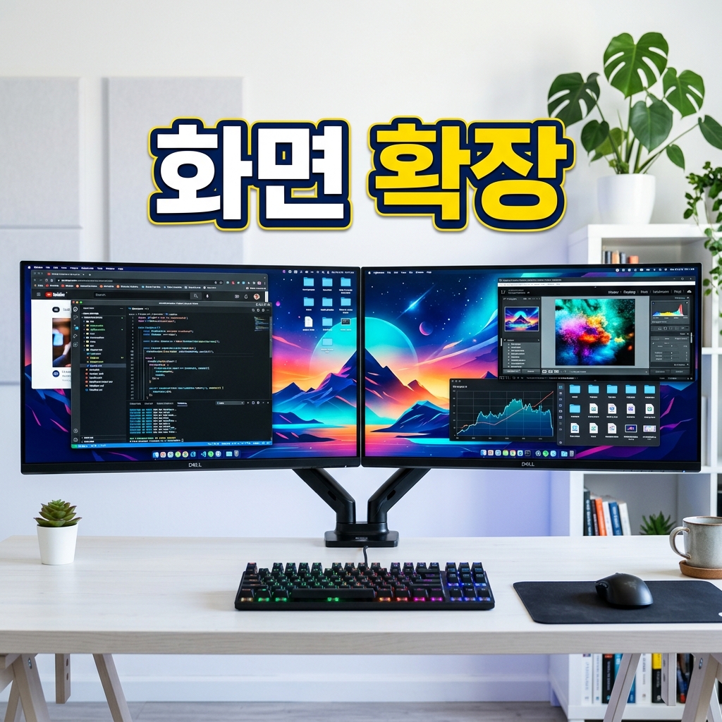 데스크탑 그래픽카드의 HDMI와 DisplayPort 포트에 두 대의 모니터 케이블을 연결하는 모습