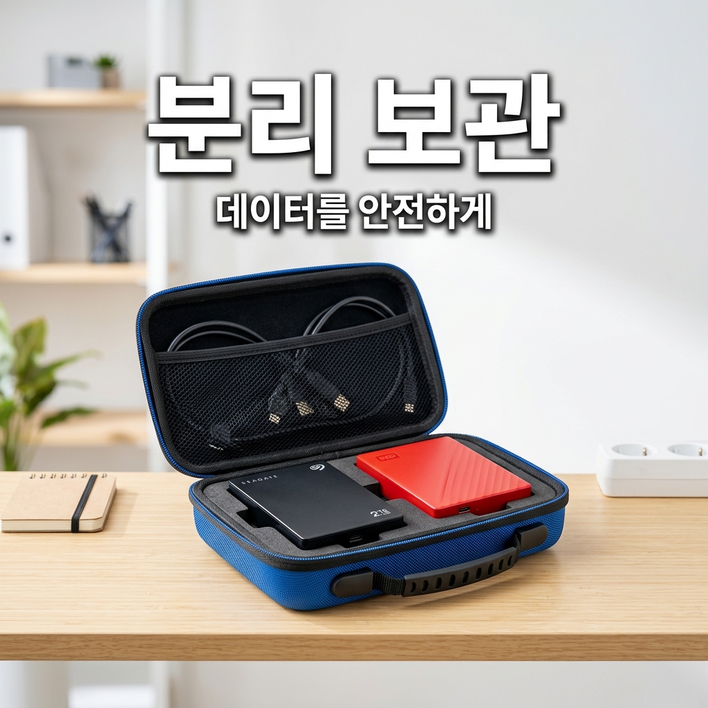 케이스에 담겨 서랍에 보관된 외장하드
