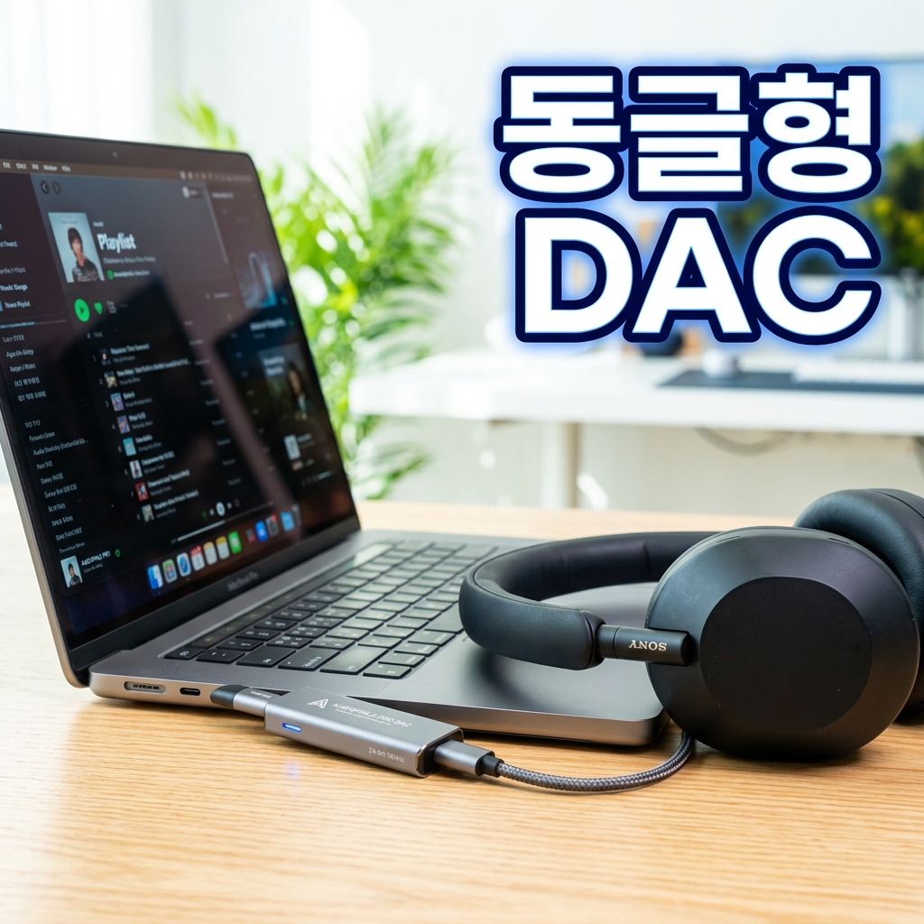 책상 위 PC와 USB로 연결된 외장 DAC 및 스피커 배치