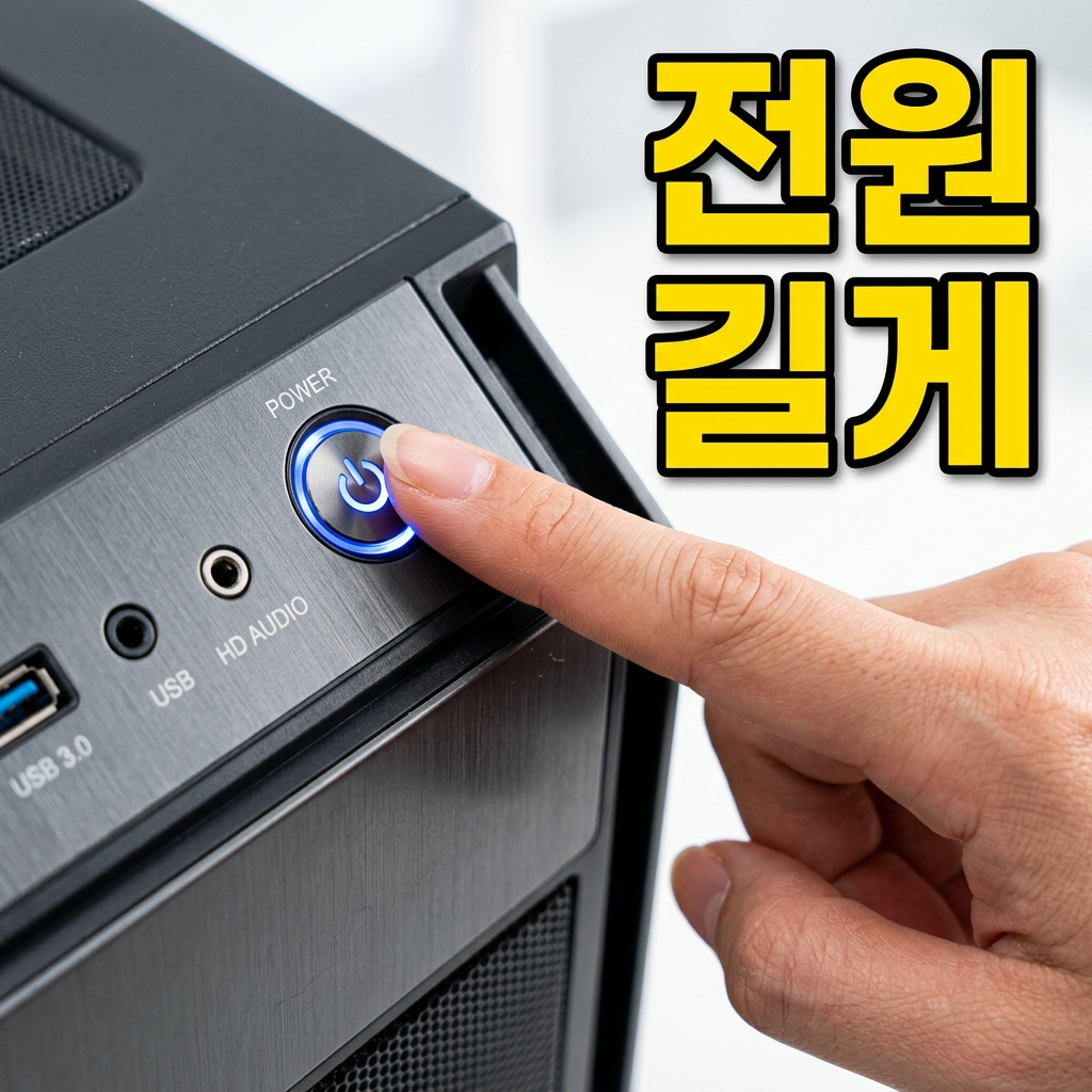 데스크탑 본체의 전원 버튼을 손가락으로 길게 눌러 강제 종료하는 모습