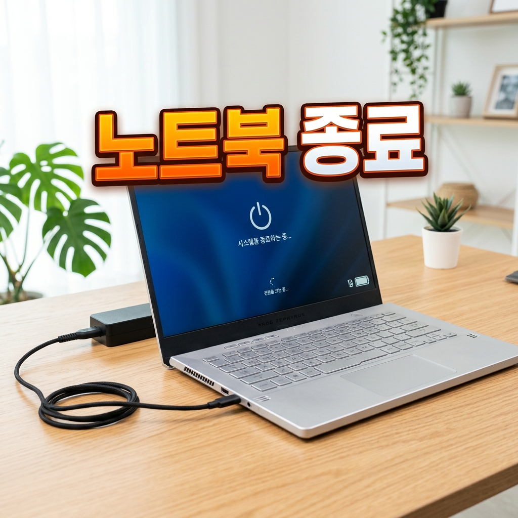 노트북 전원 버튼을 길게 눌러 강제 종료하는 모습과 바닥면의 리셋 핀홀 위치