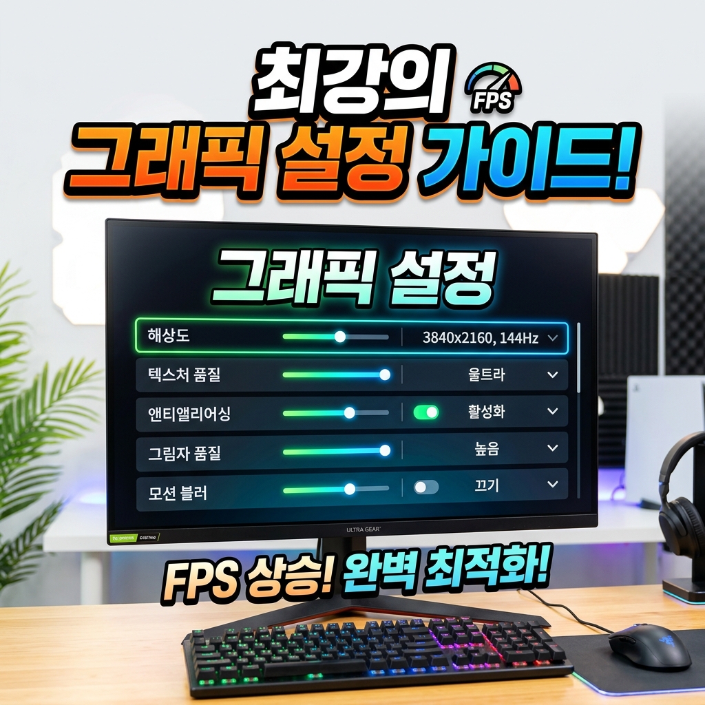 게임 그래픽 설정 메뉴에서 그림자와 해상도 옵션 슬라이더를 조정하는 모니터 화면