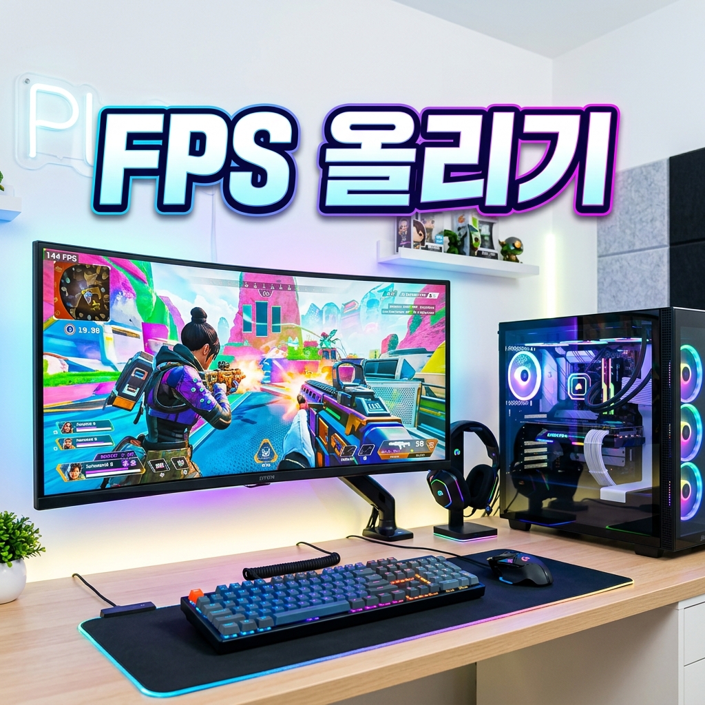 깨끗한 책상 위에 놓인 밝고 현대적인 게이밍 PC와 모니터 세팅