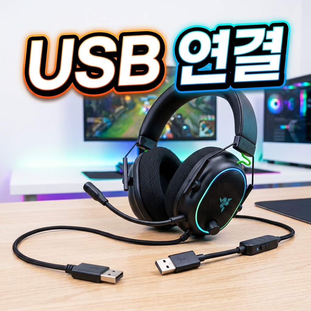 밝고 정돈된 책상 위에 연결된 컴퓨터 스피커 한 쌍