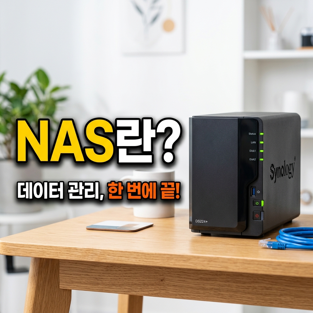 집 안 공유기에 연결된 NAS와 여러 기기가 데이터를 주고받는 개념도