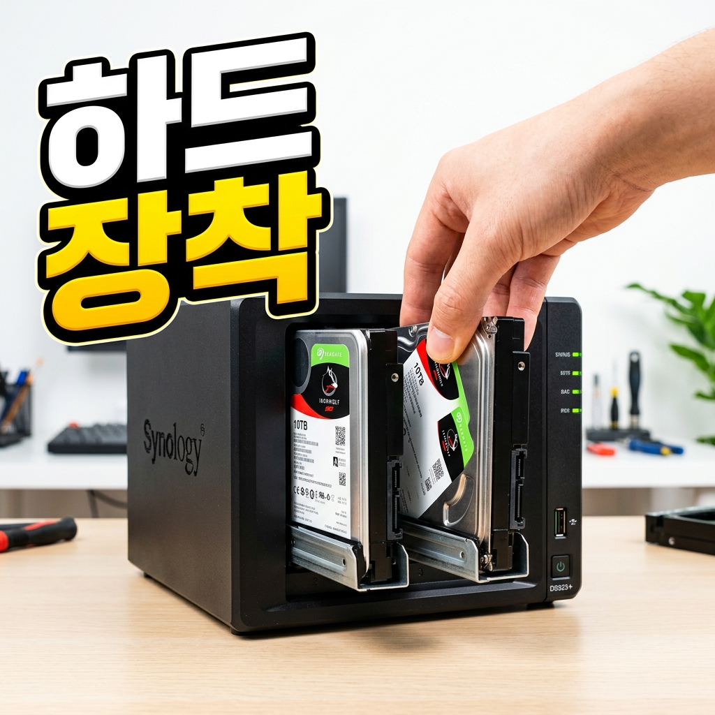 2베이 NAS 내부에 하드디스크 두 개가 미러링으로 구성된 모습