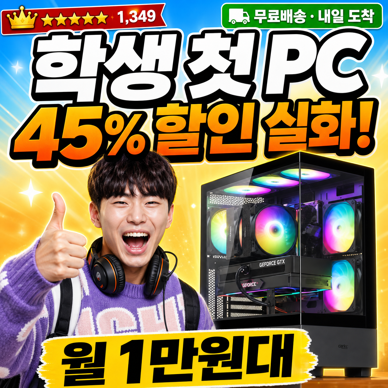 학생 첫 PC 45% 할인 월 1만원대 무료배송 내일 도착