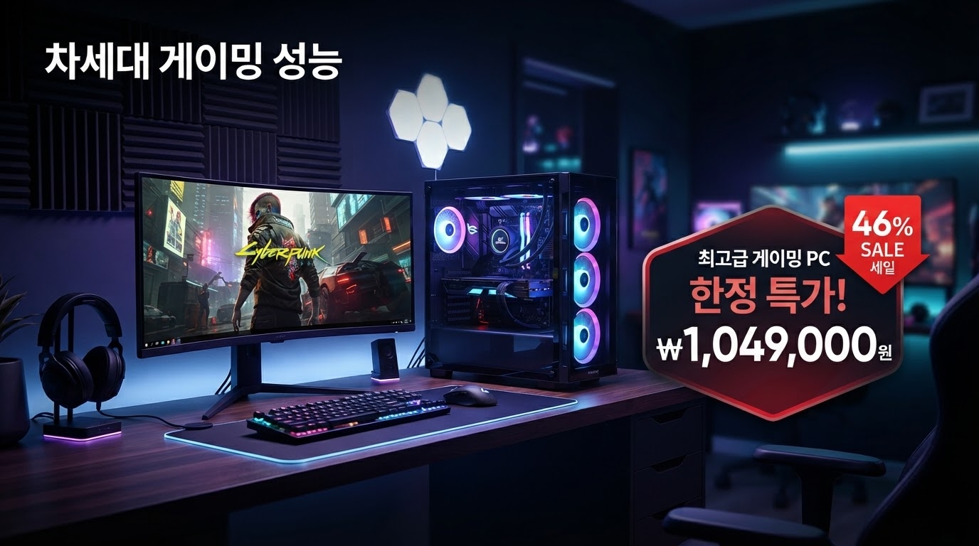 포유컴퓨터 게이밍 풀세트 모니터포함 PC04 가격 배너 — 1,049,000원 특가