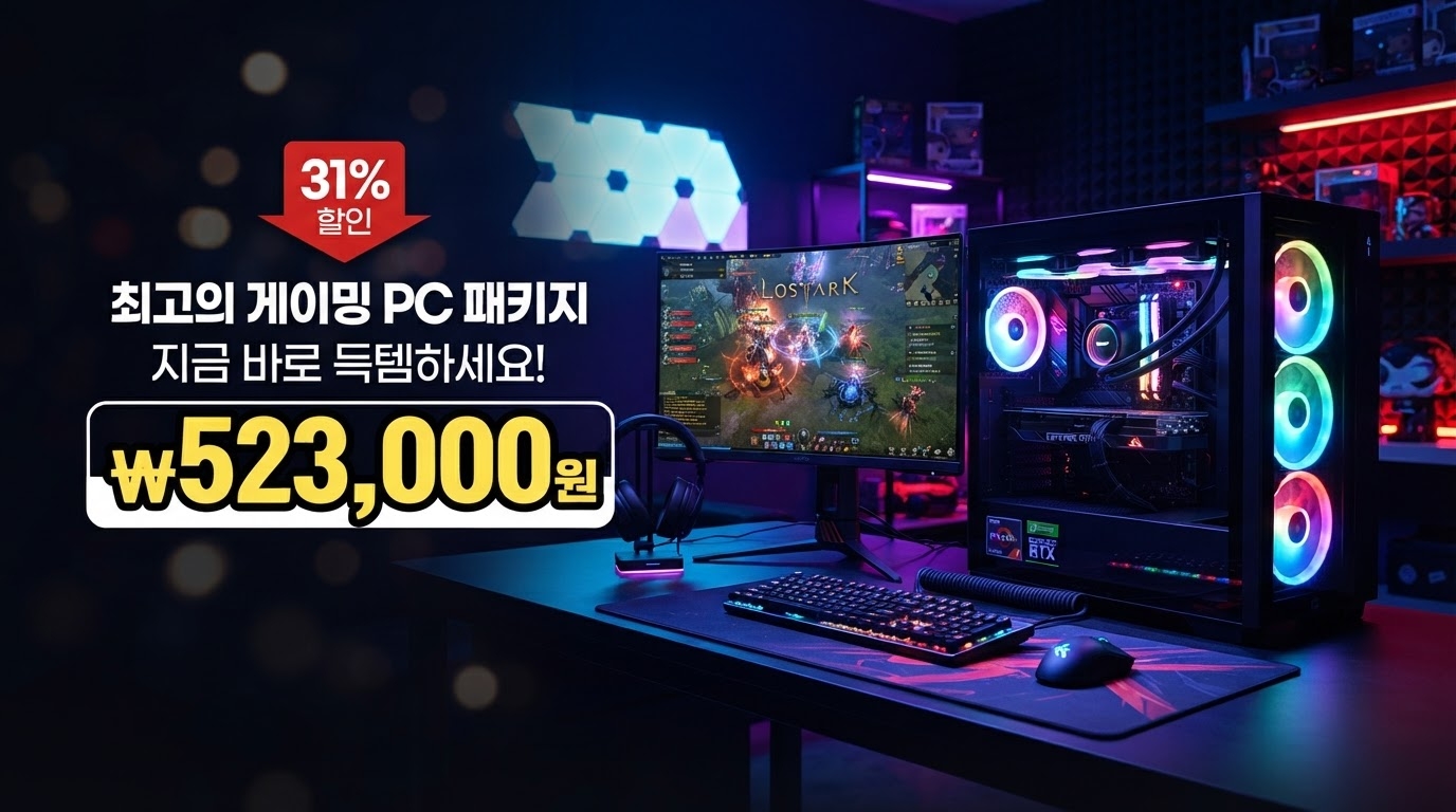 사무용 게임용 컴퓨터 풀세트 화이트 감성 27인치 세트 가격 배너 — 523,000원 특가