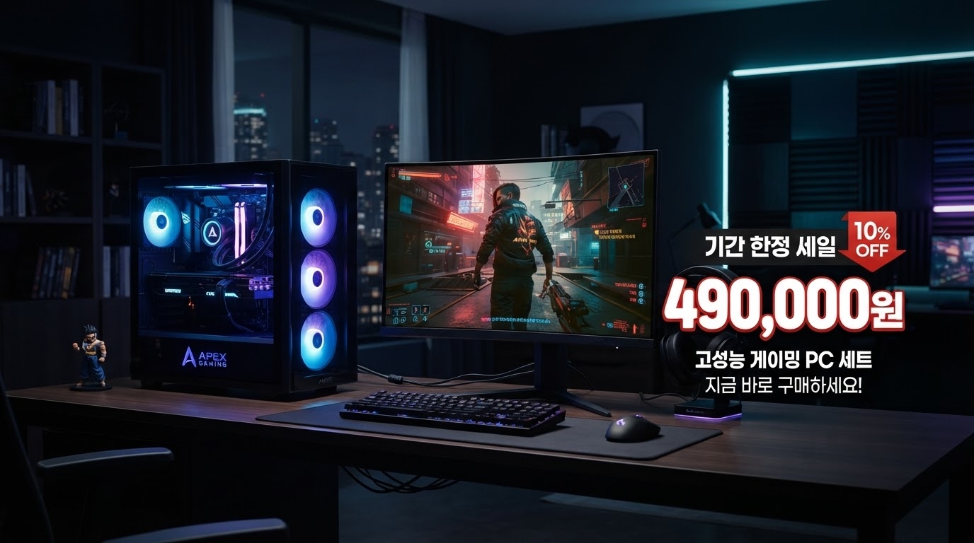 게이밍컴퓨터 조립PC 블랙 3번 i5-8500 WIN11 가격 배너 — 490,000원 특가