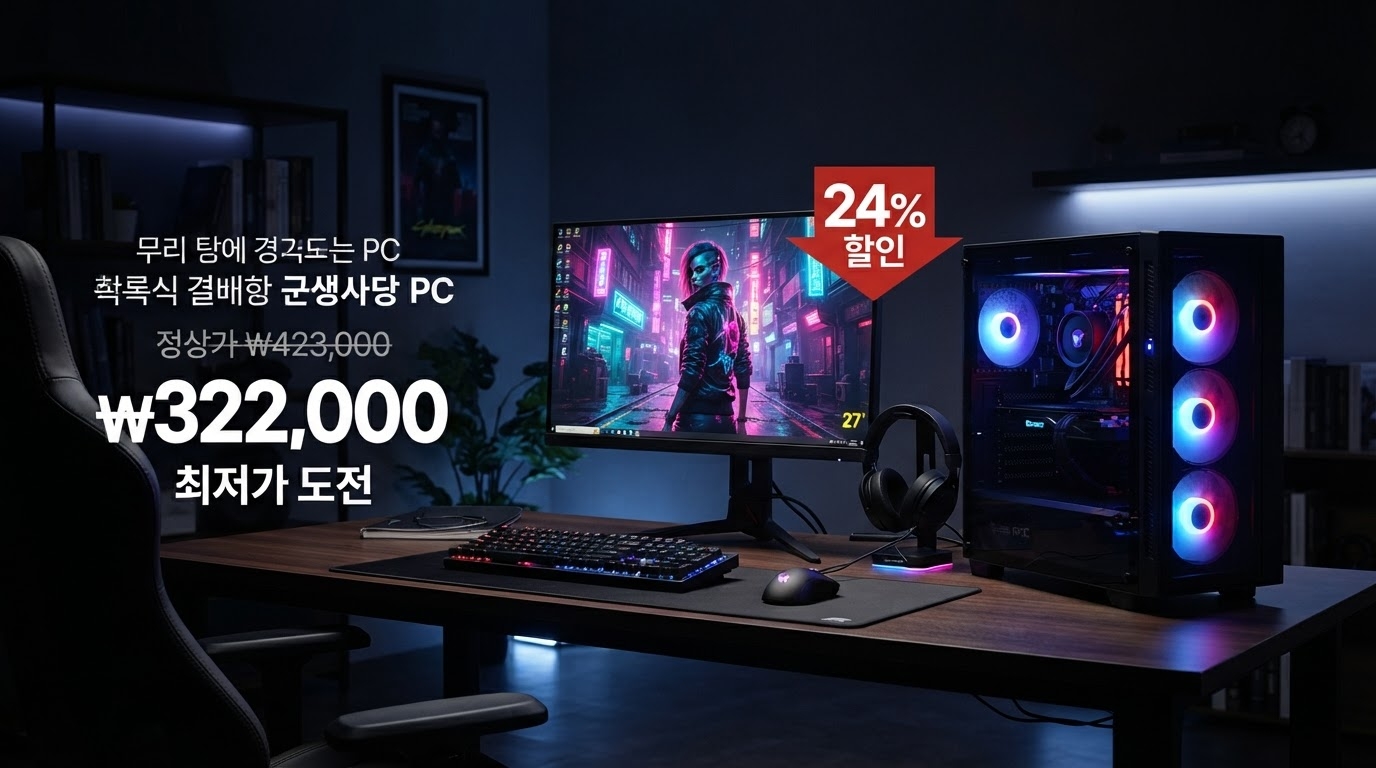 컴퓨터본체 7세대 I5 컴존 미들 WIN11 본체+무선키마 가격 배너 — 322,000원 특가