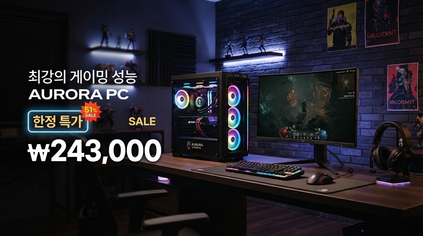 컴퓨터 조립 풀세트 우쓰 사무용 본체 가격 배너 — 243,000원 특가