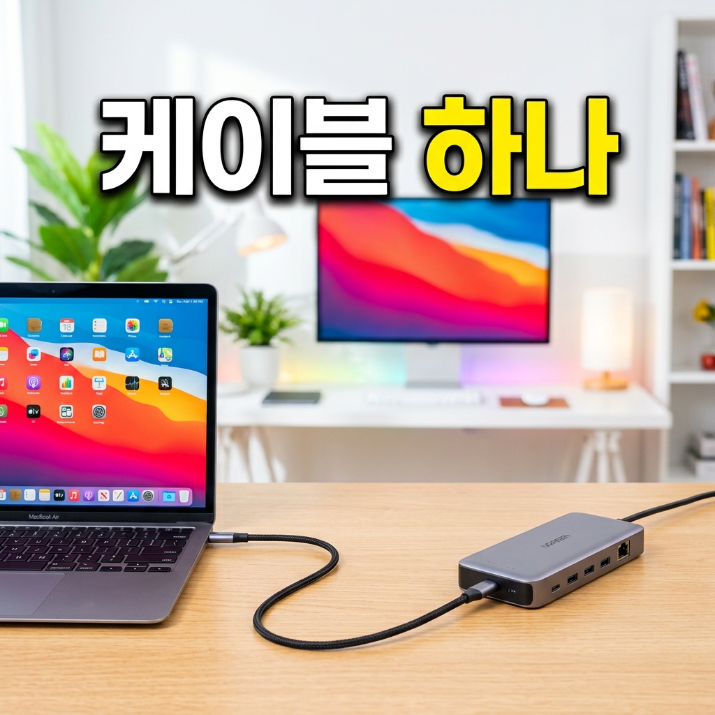 노트북과 도킹스테이션을 USB-C 케이블 한 개로 연결해 모니터 두 대와 충전을 동시에 하는 책상 구성