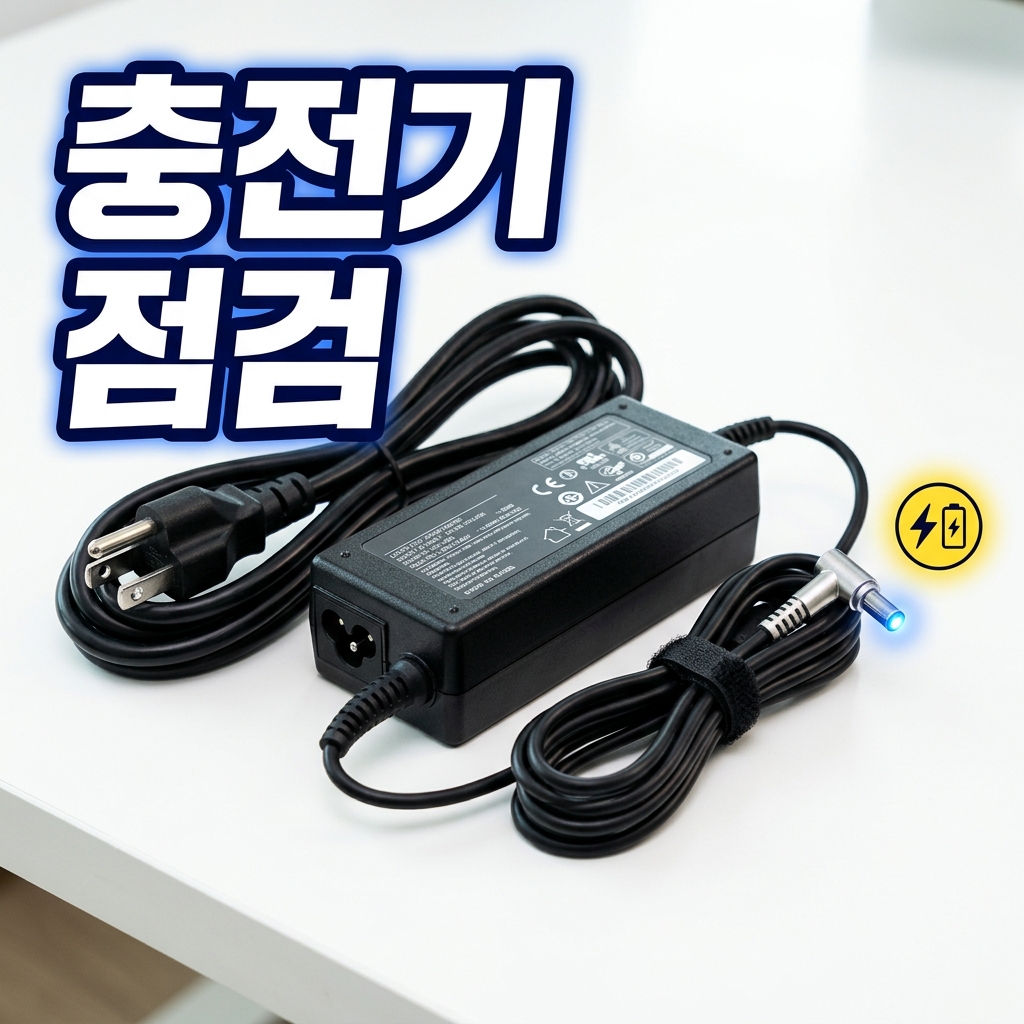 노트북 전원 어댑터의 LED 표시등과 케이블 연결 부위를 점검하는 모습