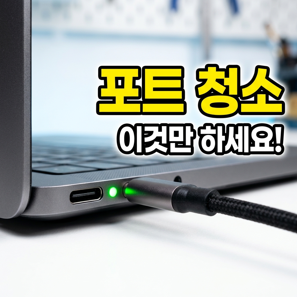 노트북 충전 단자 안쪽의 먼지와 이물질을 확인하고 청소하는 모습