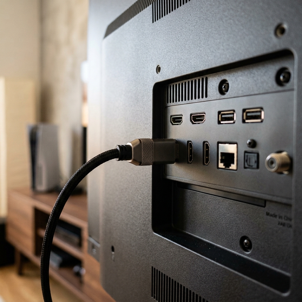 게임 콘솔이 연결된 거실 TV의 HDMI 2.1 포트 근접 이미지