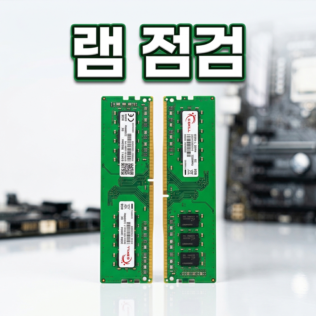 데스크탑 메인보드 슬롯에 램(RAM) 모듈을 손으로 장착하는 모습