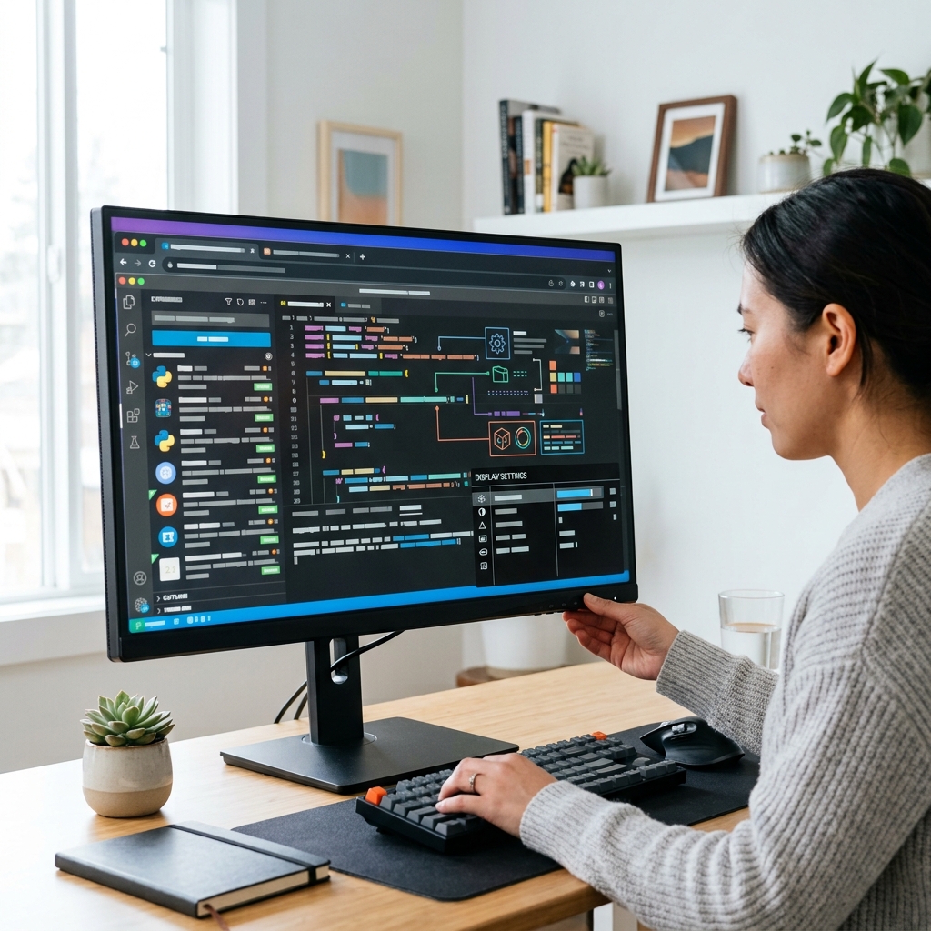 모니터 뒷면의 HDMI DisplayPort USB-C 단자를 확인하는 모습