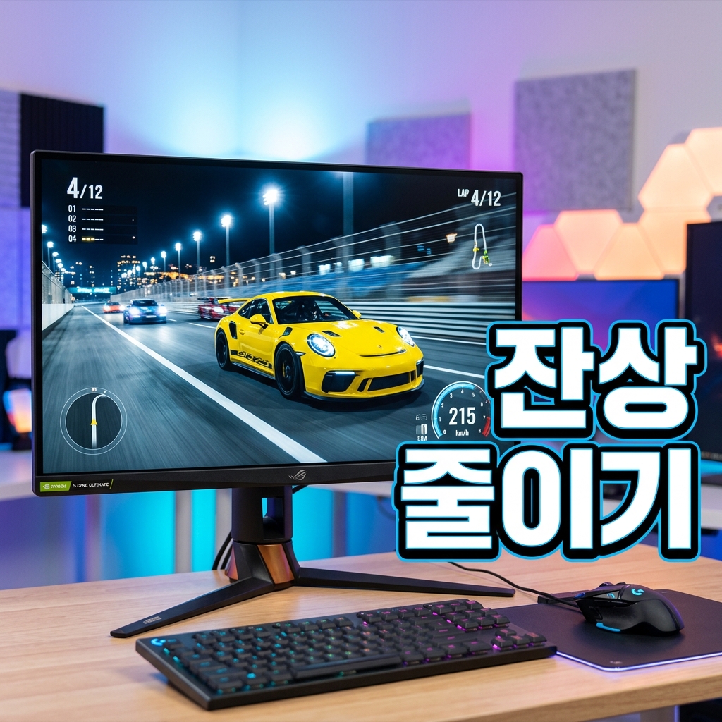 어두운 배경 위로 빠르게 움직이는 밝은 물체 뒤에 흐릿한 잔상 꼬리가 남는 모니터 화면