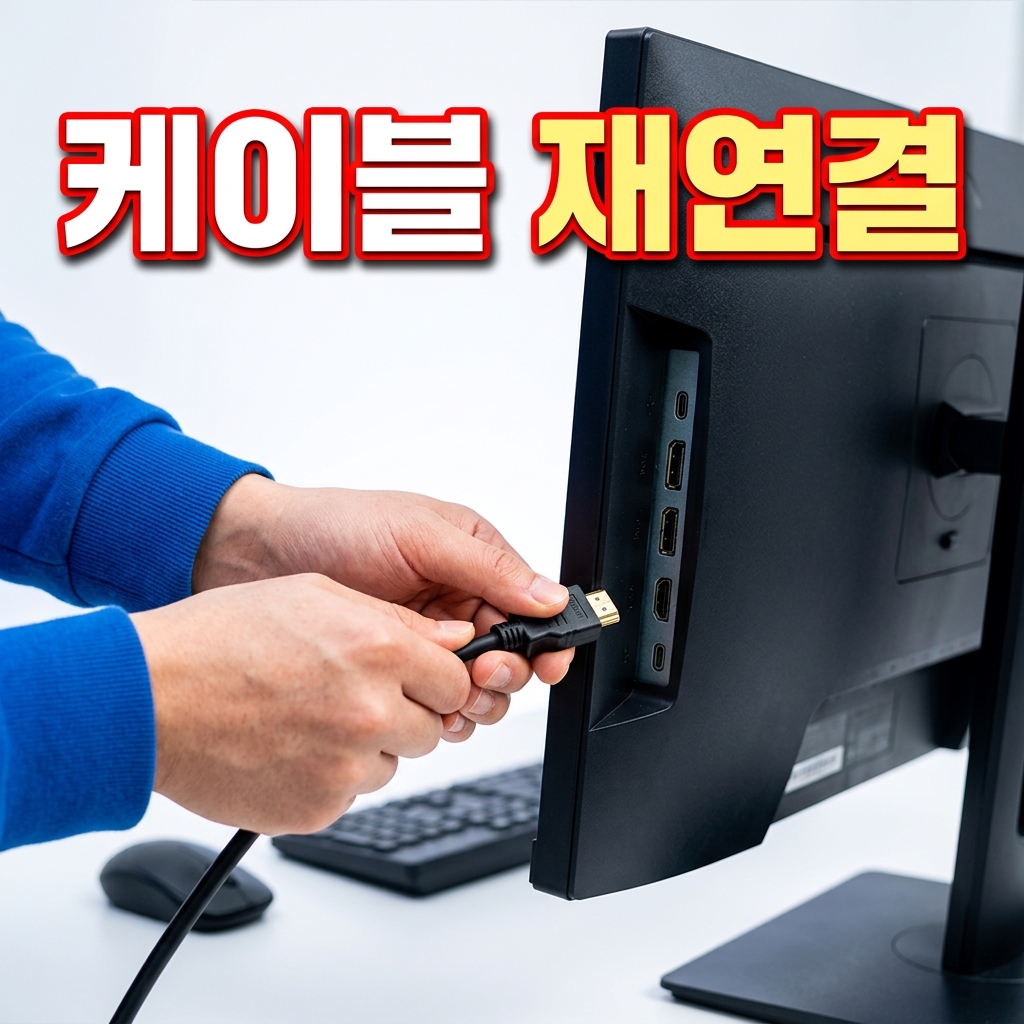 모니터 뒷면의 HDMI와 DisplayPort 단자에 영상 케이블을 끝까지 연결하는 모습