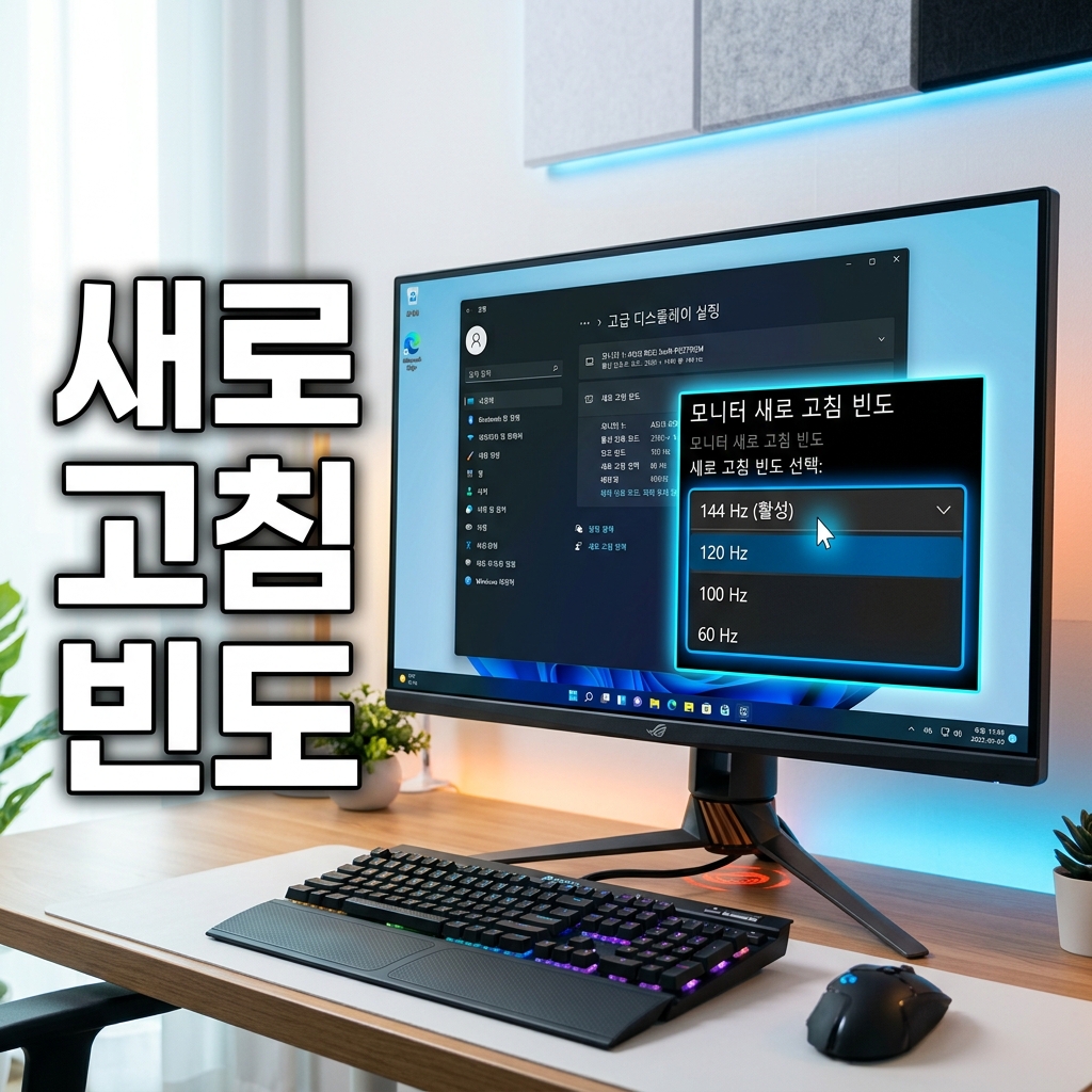 윈도우11 고급 디스플레이 설정에서 재생 빈도(주사율)를 144Hz로 선택하는 화면