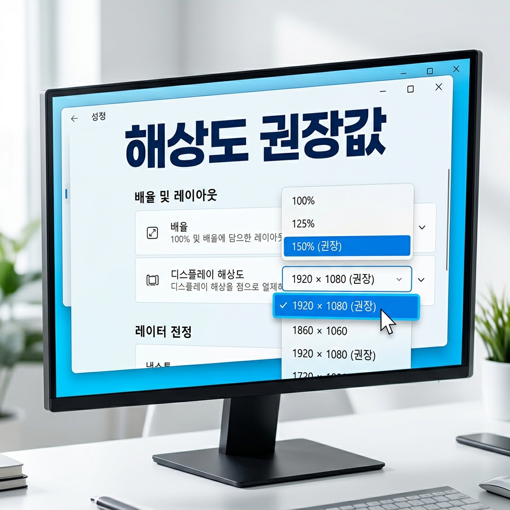 윈도우 디스플레이 설정에서 권장 해상도와 배율(크기 조정) 항목을 보여주는 화면