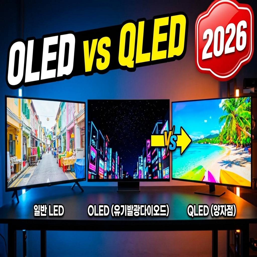 OLED vs QLED vs 미니LED TV 완벽 비교(2026) — 화질·명암·번인·가격, 용도별 선택