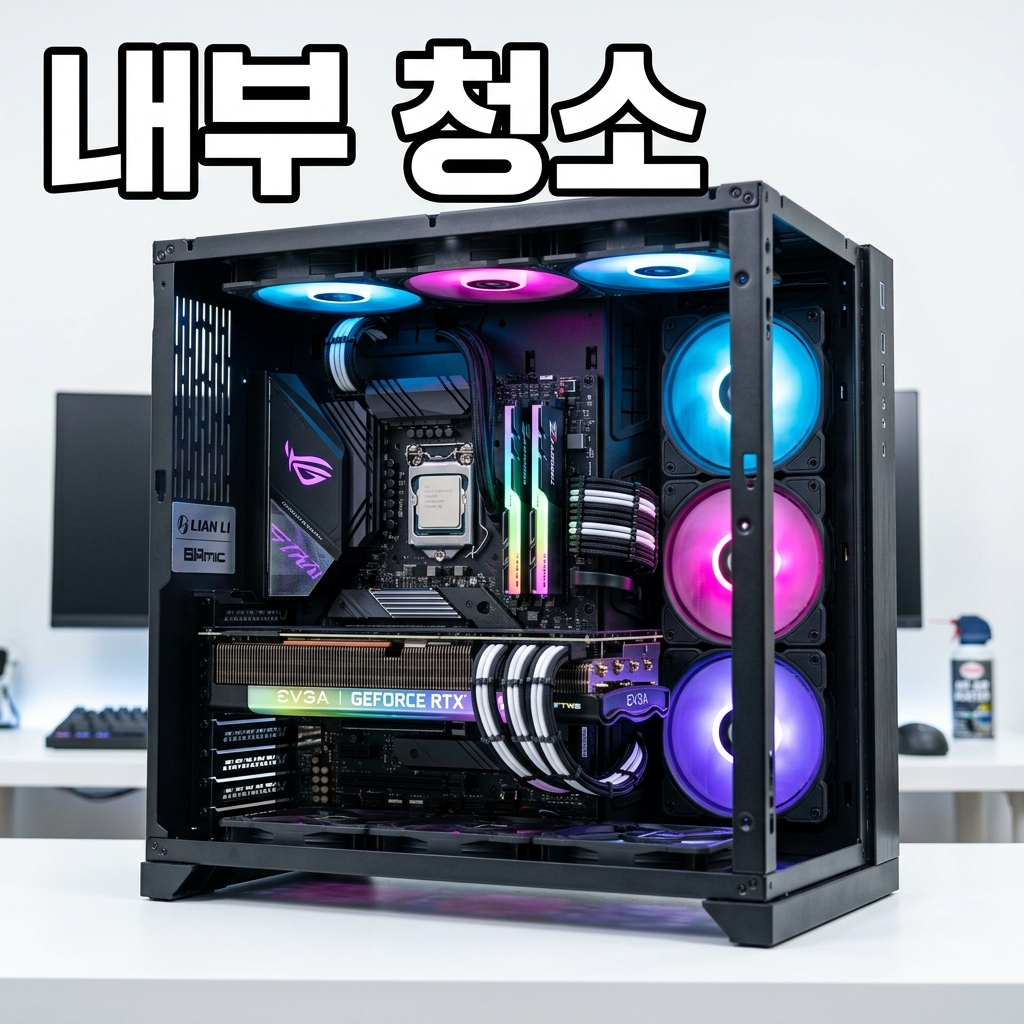 CPU 방열판 핀 사이에 먼지가 두껍게 쌓여 공기 흐름을 막고 있는 모습