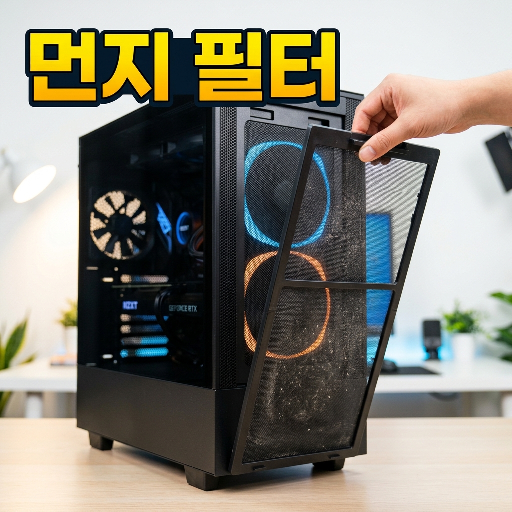 PC 케이스에서 분리한 자석식 먼지 필터를 물로 헹궈 청소하는 모습