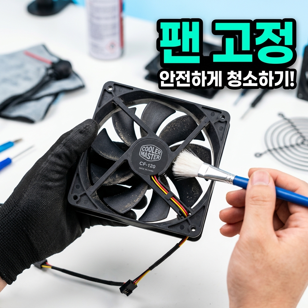 열린 데스크톱 케이스 내부에 에어 블로워로 먼지를 불어내는 단계별 청소 모습