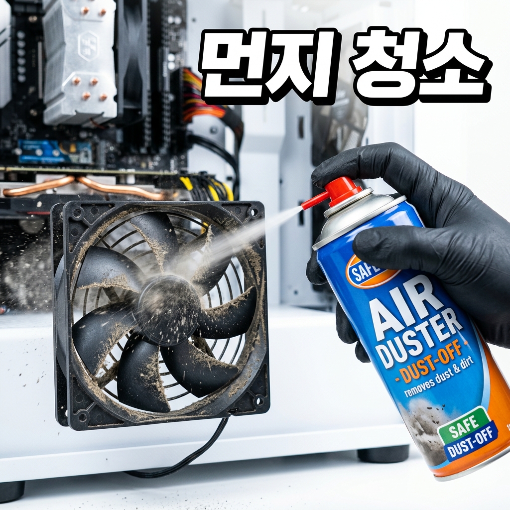압축 공기로 PC 팬과 방열판의 먼지를 청소하는 모습