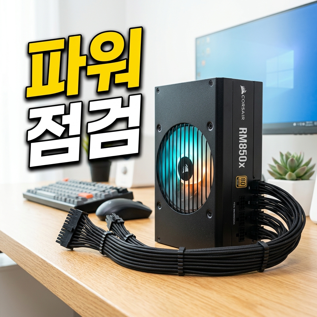 데스크탑 파워서플라이의 정격 출력 라벨과 케이블 커넥터를 확인하는 모습