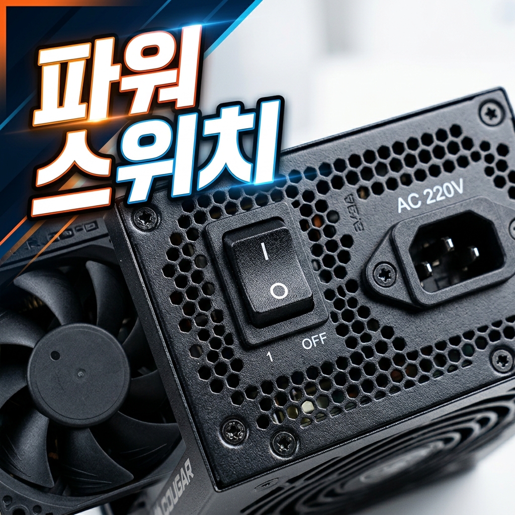 데스크탑 본체 뒤 파워서플라이의 O/I 스위치와 전원 케이블 연결 상태를 점검하는 모습