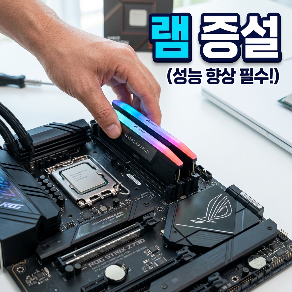 메인보드의 같은 색 메모리 슬롯에 램 두 개를 짝지어 장착한 듀얼채널 구성 모습